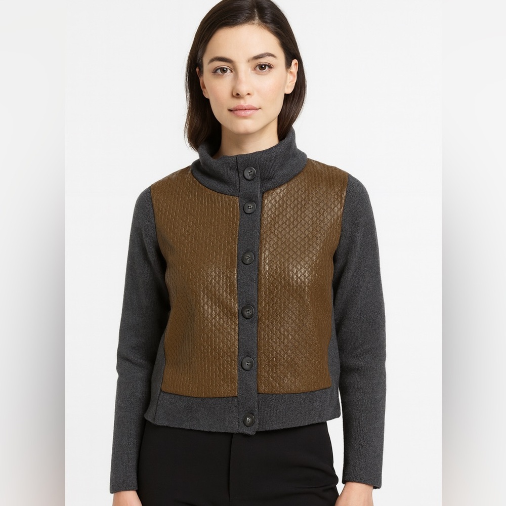 AK ANNE KLEIN Gray Brown Cardigan Jacket LEATHER SILK WOOL XL